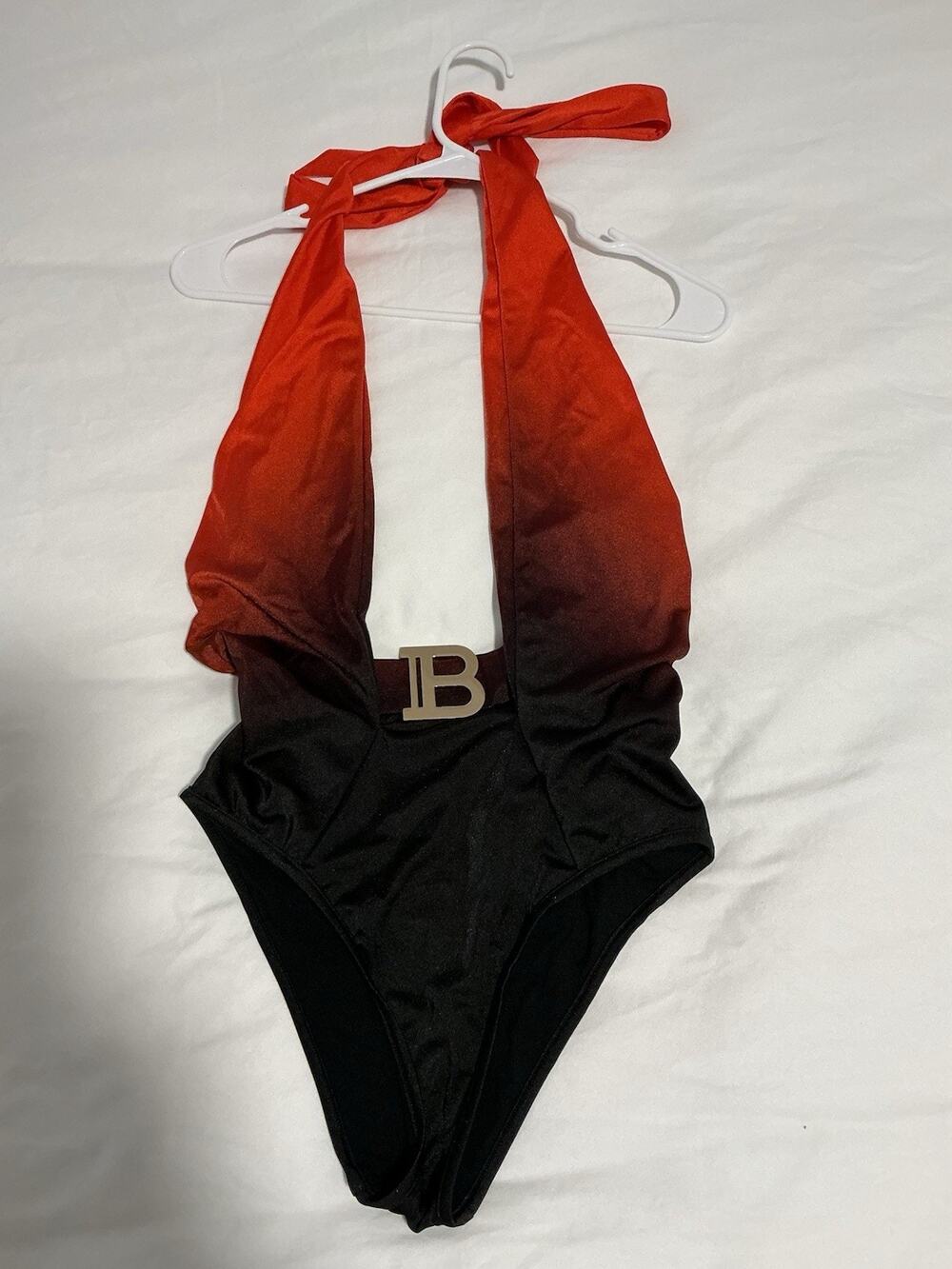 Balmain Black & Red Buckle-Embellished One-Piece Swimsuit Size 38/US 6